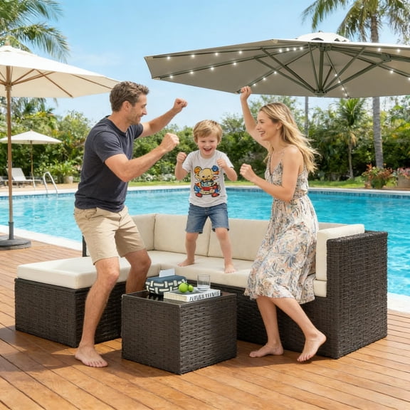 3 Piece Patio Furniture Set Wicker L Shaped Sectional Sofa With Coffee Table Beige