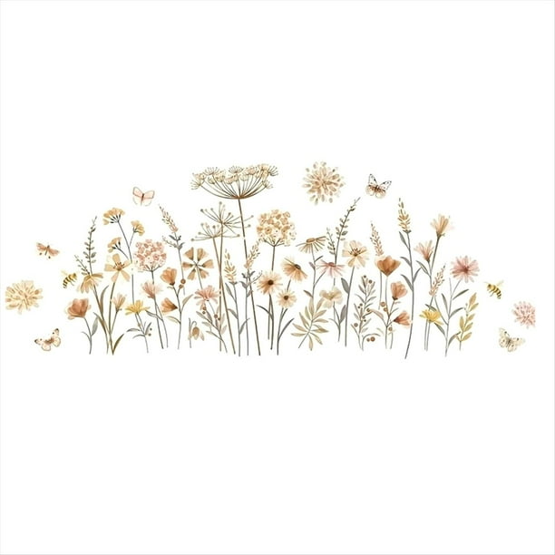 Pegatinas de Pared con Flores Bohemias, Diseño de Flores Silvestres y Hierbas, para Decoración de Pared de Habitaciones Infantiles, Guarderías y Dormitorios de Niñas.
