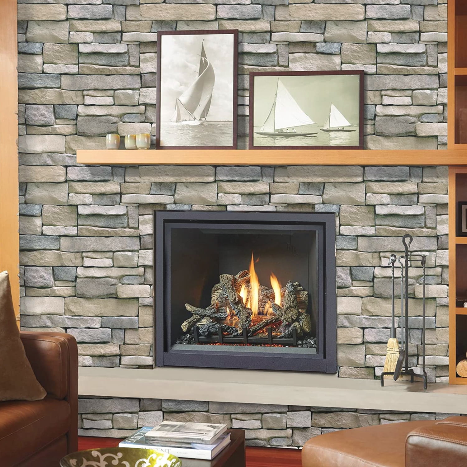 (4 pack) UMIGGEE Brown Stone Brick Wallpaper 17.7" x 118" Peel and Stick Stone Self-Adhesive Removable Vinyl Wallpaper Faux 3D Stone Look Brick Shelf Paper