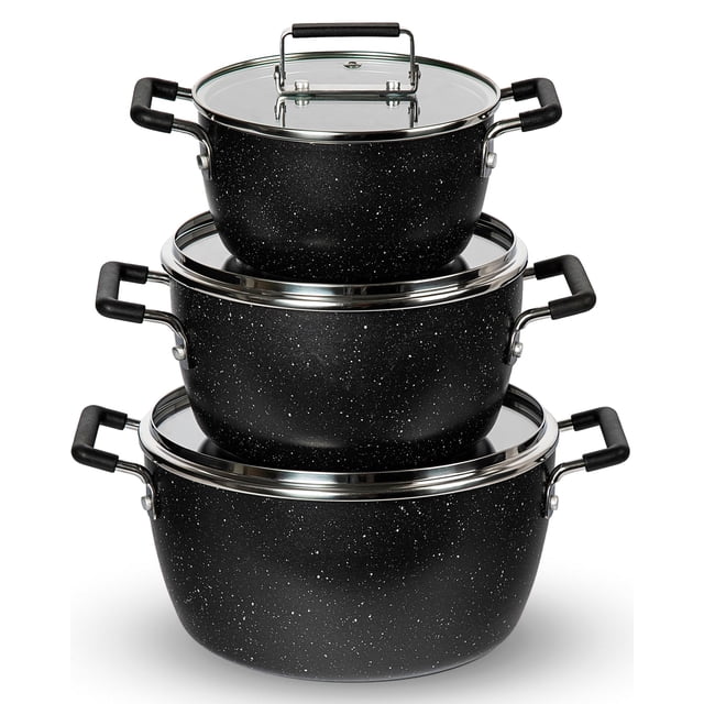 granitestone juego de ollas y sartenes negras antiadherentes, juego de 6 ollas de cocina apilables, ollas de cocina, revestimiento antiadherente, ollas de 5 qt, 3 qt y 1,5 qt con tapas, asas que se ma Tres ollas nido Granitestone apiladas en vista frontal con acabado negro moteado tipo granito, aro de acero inoxidable y asas negras ergonómicas; tapas de vidrio templado; incluye piezas apilables de 1,5 qt, 3,5 qt y 5 qt, pensadas para ahorrar espacio en la cocina.