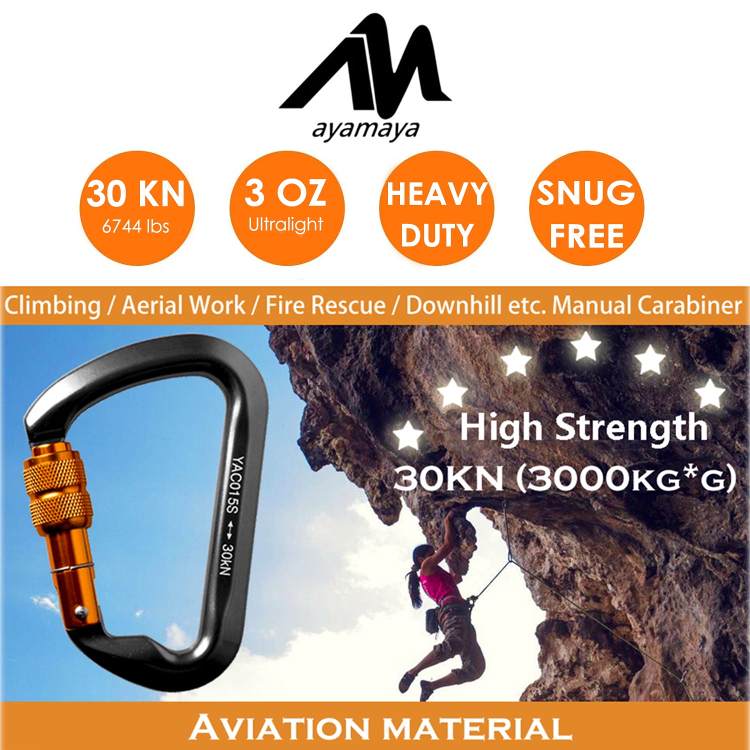 3Pack Carabiner Clips, AYAMAYA Heavy-Duty 30KN Aluminum Locking Clip Hook with D Ring for Traveling Camping (Gray)