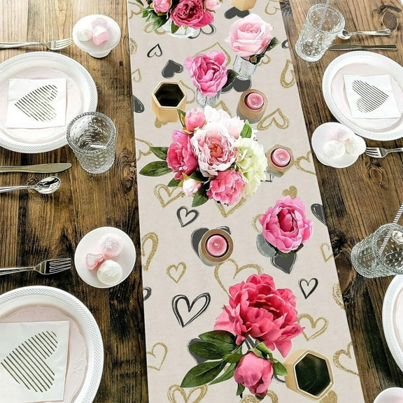 Steadline Valentine's Day Flax Table Runner - Romantic Heart Pattern Dining Decor - Washable Kitchen Tablecloth for Anniversary Dinner - Festive Home Decoration Gift