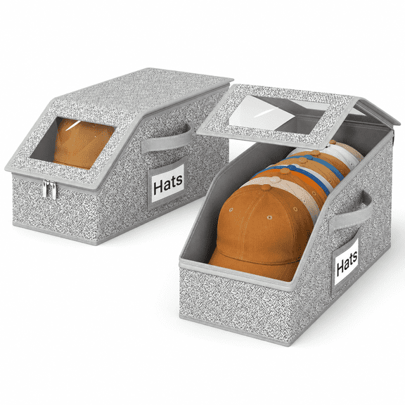 2 PCS Stackable Hat Storage for Baseball Caps, Holds up to 24 Caps Hat Organizer for Closet, Sturdy Snapback Boxes for Men with Cardboard, Grey
