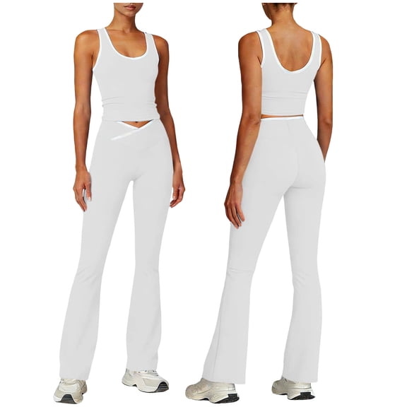 Besolor Workout Sets for Women Summer 2 Piece Outfits Crew Neck Sleeveless Tank Tops Flare Pants Gym Yoga Athletic Set(X-Large,White)