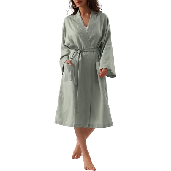 Amazhiyu Womens Pure Linen Mid Length Kimono Robes Lightweight Long Sleeve Bathrobe