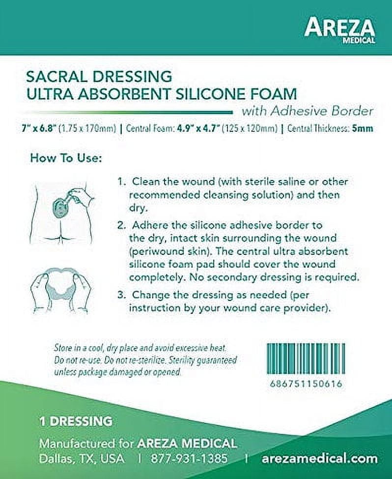 Areza Medical Sacral Silicone Superabsorbent Foam Dressing 7" X 7" Box of 5 Sterile Dressings