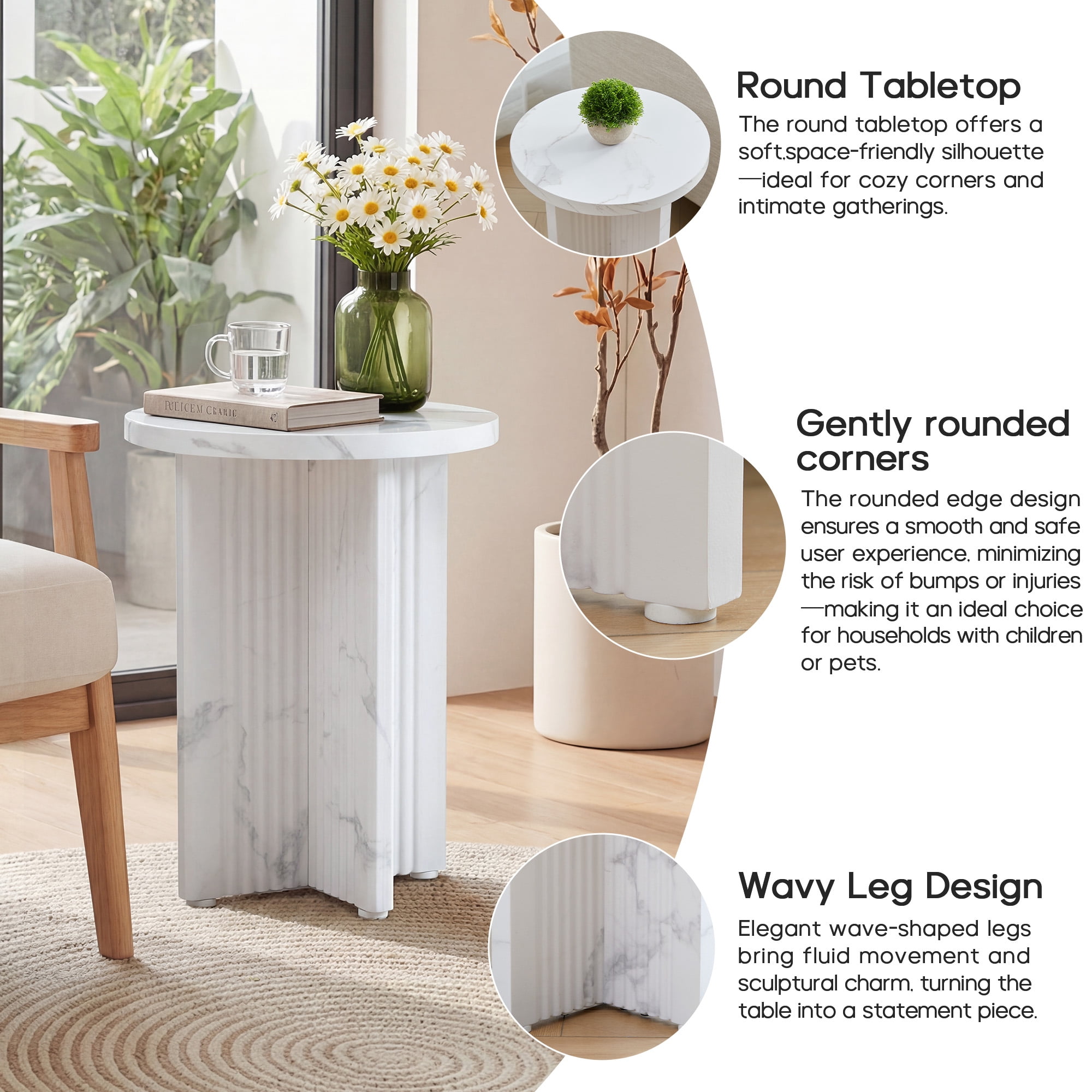 YOCWO Round Small End Tables for Living Room with Wave Base, Mordern MDF Side Table for Bedroom Small Space with Marble Veneer Finish, White