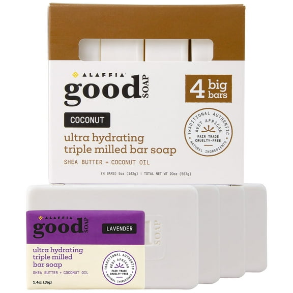 Alaffia Good Soap Coconut (4 Bars)   Trial-Size Lavender Bar – Long-Lasting, Triple-Milled with Fair Trade Shea Butter