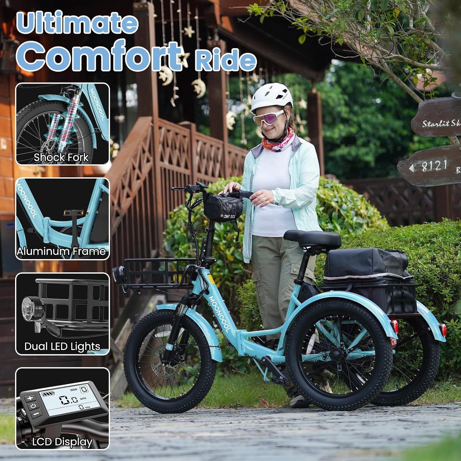 MOONCOOL TK1 Folding Electric Tricycle for Adults,48V 14.5Ah Removable battery, Peak 1000W Motor, 20" Fat Tire Step-Thru 3 Wheel Electric Bicycle W/ Mirrows Kit