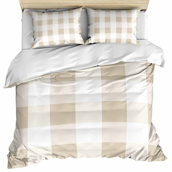 Beige Plaid Bedding 3 Piece Duvet Cover Set California King, Spring Summer Farmhouse Buffalo Checkered Soft Microfiber Comforter Cover with Zipper Closure & Pillowcases, FadeResistant Quilt Cover