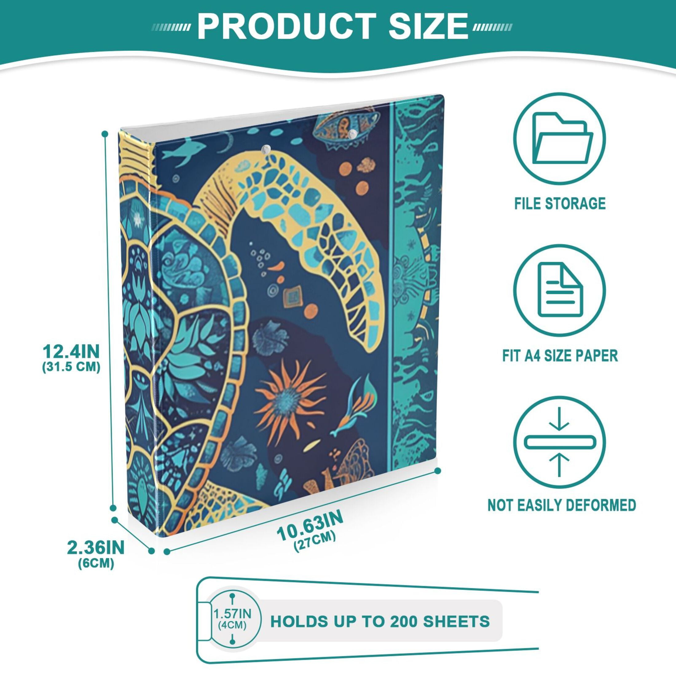 Mystery Turtle 3 Ring Binders 1.5 inch Hardcover File Folders with Interior Pockets A4 Size Organizer for School Office Hospital