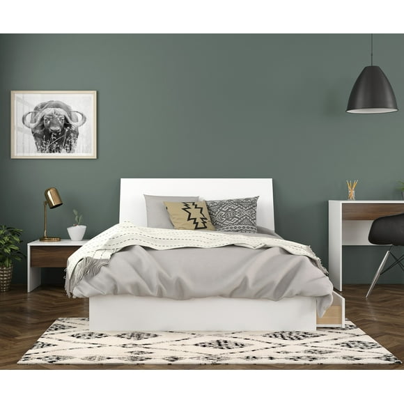 Nexera 402163 3-Piece Bedroom Set With Bed Frame, Headboard & Nightstand, Full|White & Walnut