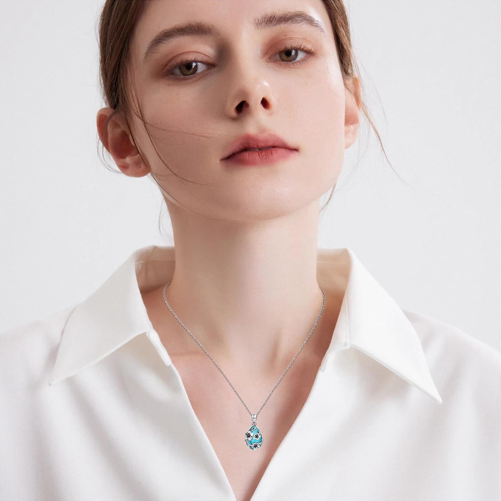 Coachuhhar Hibiscus Necklace 925 Sterling Silver Turquoise Hawaii Flower Pendant Necklace Hawaiian Jewelry Gifts Christmas for Women Mother Wife