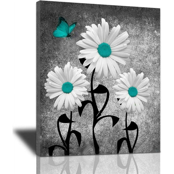 Aaheei Abstract Bathroom Decor Canvas Wall Art, Teal Daisy Butterflies Farmhouse Flower Poster Black White Motivational Artwork Modern Ready To Hang