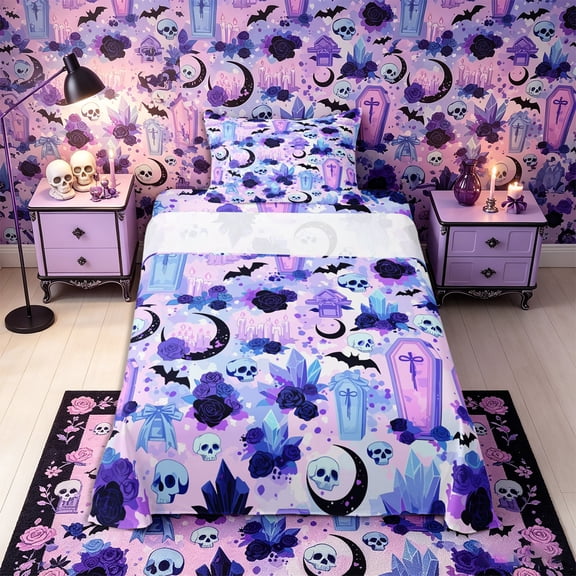 Castle Fairy Goth Skull Twin Sheets 3pcs,Halloween Spooky Bat Rose Bedding,Lavender Purple Black,1 Fitted Sheet,1 Flat Sheet and 1 Pillowcase