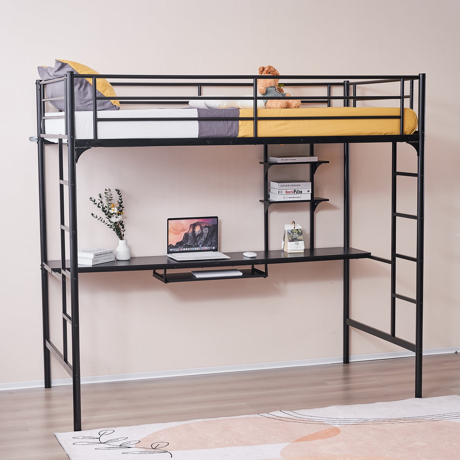GoDecor Loft Bunk Bed Over Desk and Bookcase with Metal Frame Twin (Black)