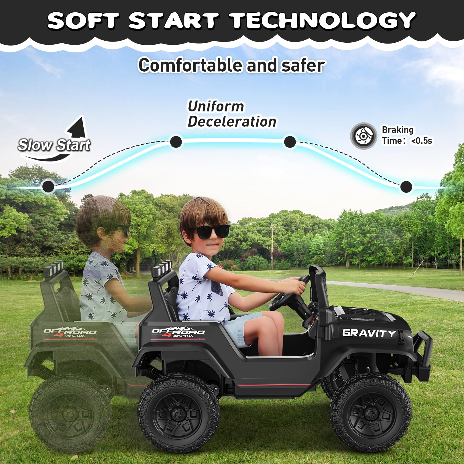 Funcid 24V Ride on Cars Truck with Remote Control, Electric Battery Powered Car with Spring Suspension, Ride on Toys for Kids, Built-in music, Cool LED Light, Bluetooth, USB, Black
