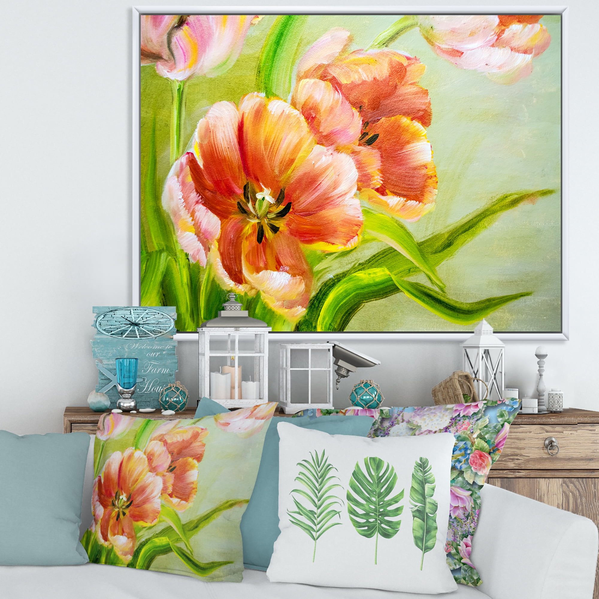 Designart 'Ancient Red Tulips Flowers II' Traditional Framed Canvas Wall Art Print