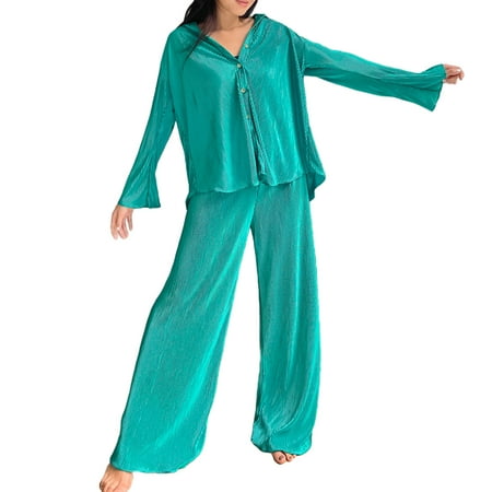 

Nokiwiqis Women’s 2Pcs Pajamas Set Pleated Shirt + Pants Set Loungewear