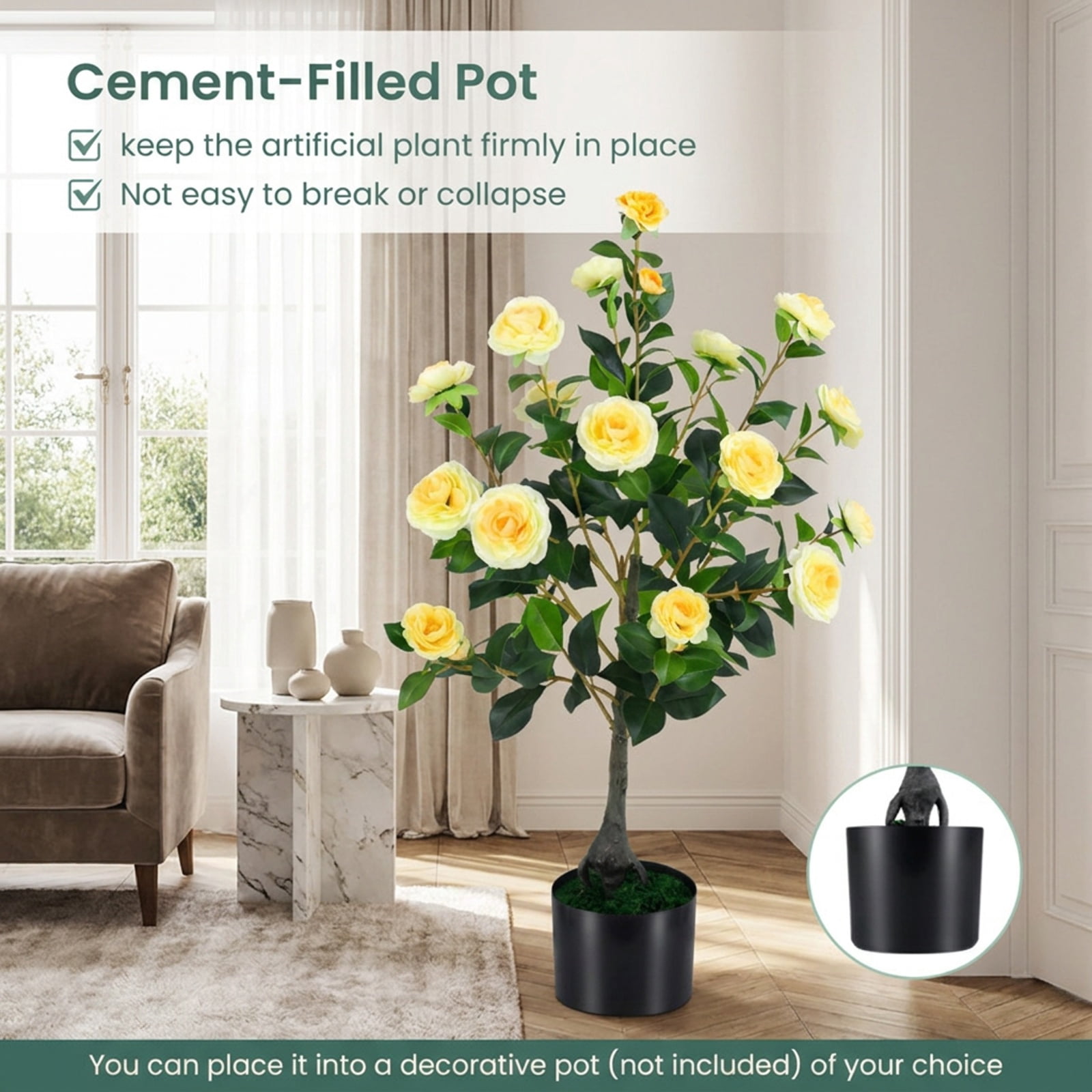 Vebreda Artificial Plant Decor, Artificial Camellia Tree Faux Flower Plant in Cement-Filled Pot, Lifelike & Elegant Design, Selected PE Materials
