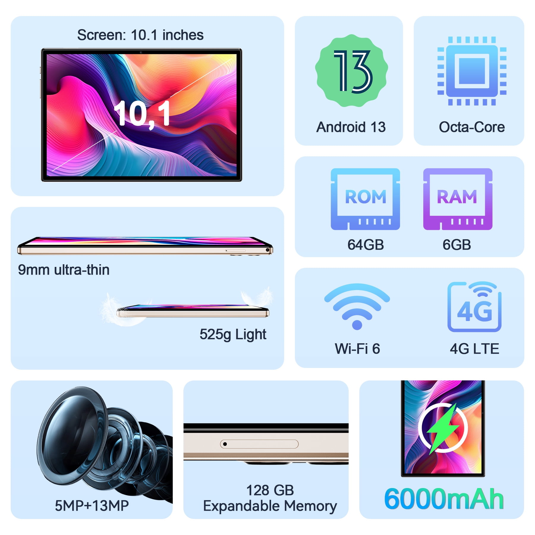 VEAT00L Tablet,10.1 inch Android 13 Tablets 2026,6GB RAM 64GB ROM 128GB Expand,Octa-Core Processor up with 5G WiFi,1280x800 IPS HD Touchscreen,6000mAh Battery, Bluetooth, Dual Camera, GMS