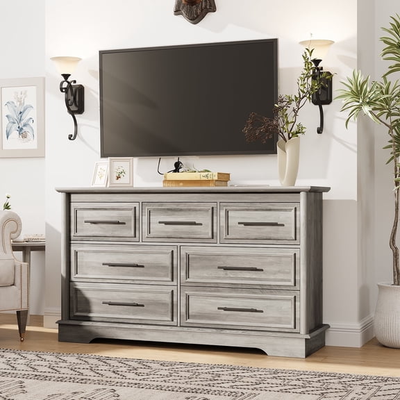 Dresser for Bedroom with 7 Drawers, 54" Wide Wood Chest of Drawers with Large Metal Handles, Modern Gray Wash Chest of Drawers Wood Storage Cabinet for Living Room,Entryway and Hallway