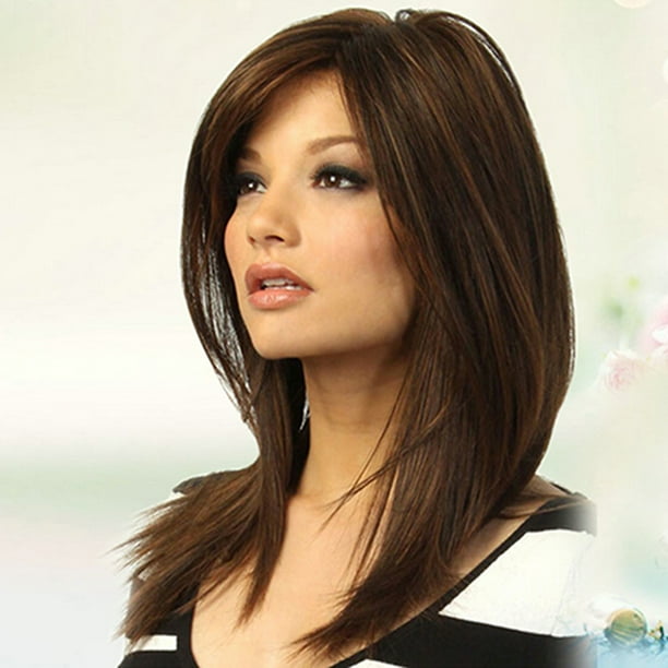 Trayknick Women Dark Brown Long Straight Partial Bangs Full Wig