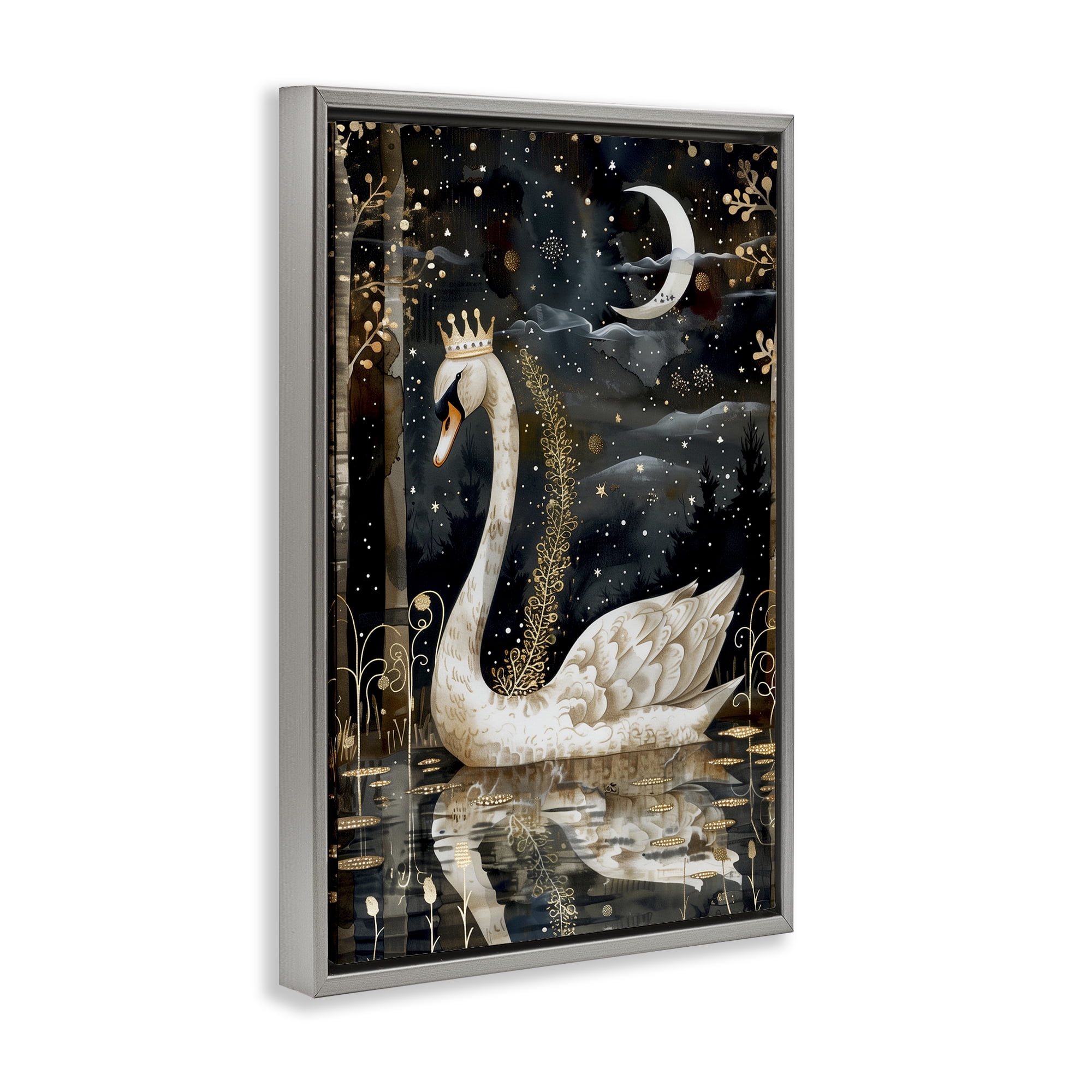 Stupell Industries Regal Swan Moonlight Animals & Insects Painting Gray Floater Framed Art Print Wall Art, 17 x 25
