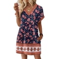 thumbnail image 2 of Women's Fashionable Floral Print V-Neck Short Sleeve Dress with Pocket, Casual Pullover Summer Dress, Comfortable Loose Fit, Stylish Ladies Wear,Dark Blue,XL, 2 of 8