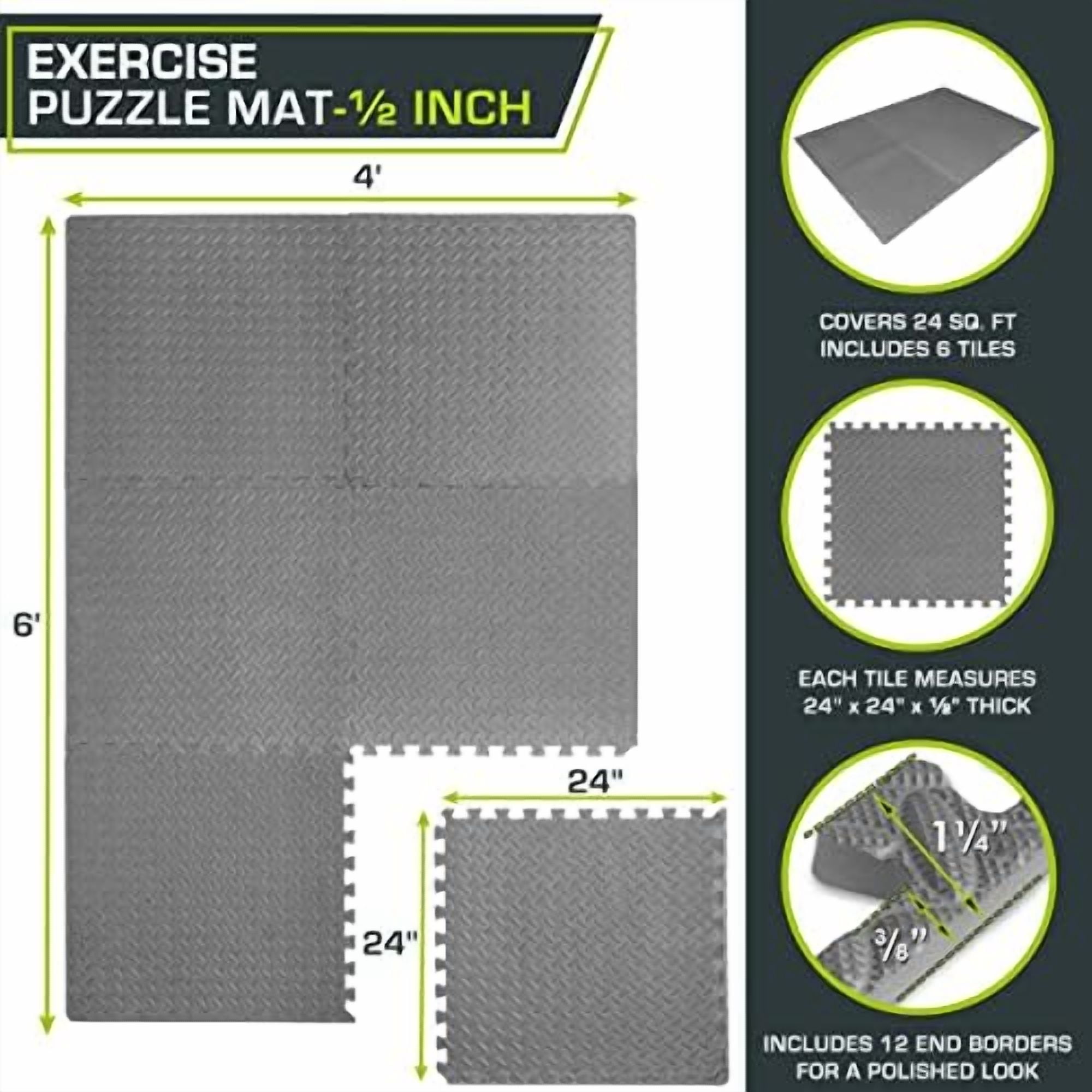 Puzzle Exercise Mat ½ in, EVA Interlocking Foam Floor Tiles for Home Gym, Mat for Home Workout Equipment, Floor Padding for Kids, Grey, 24 in x 24 in x ½ in, 24 Sq Ft - 6 Tiles