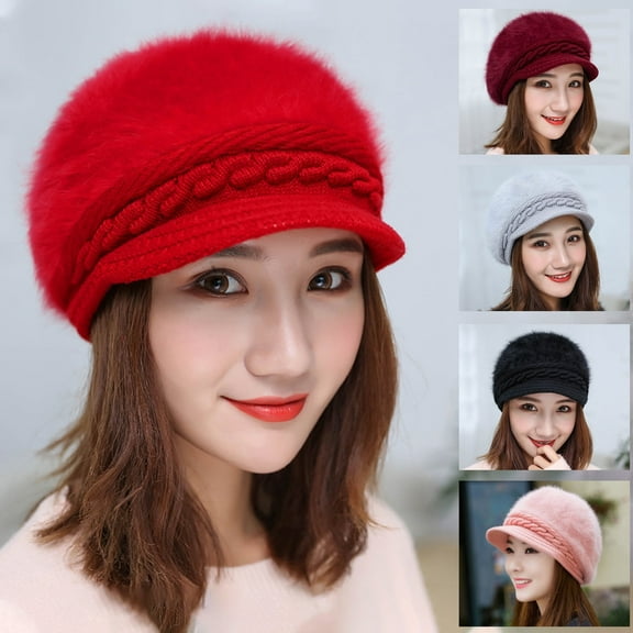 Womens Winter Beanie Hat Faux Rabbit Fur Warm Knitted Slouchy Wool Hats Cap with Visor