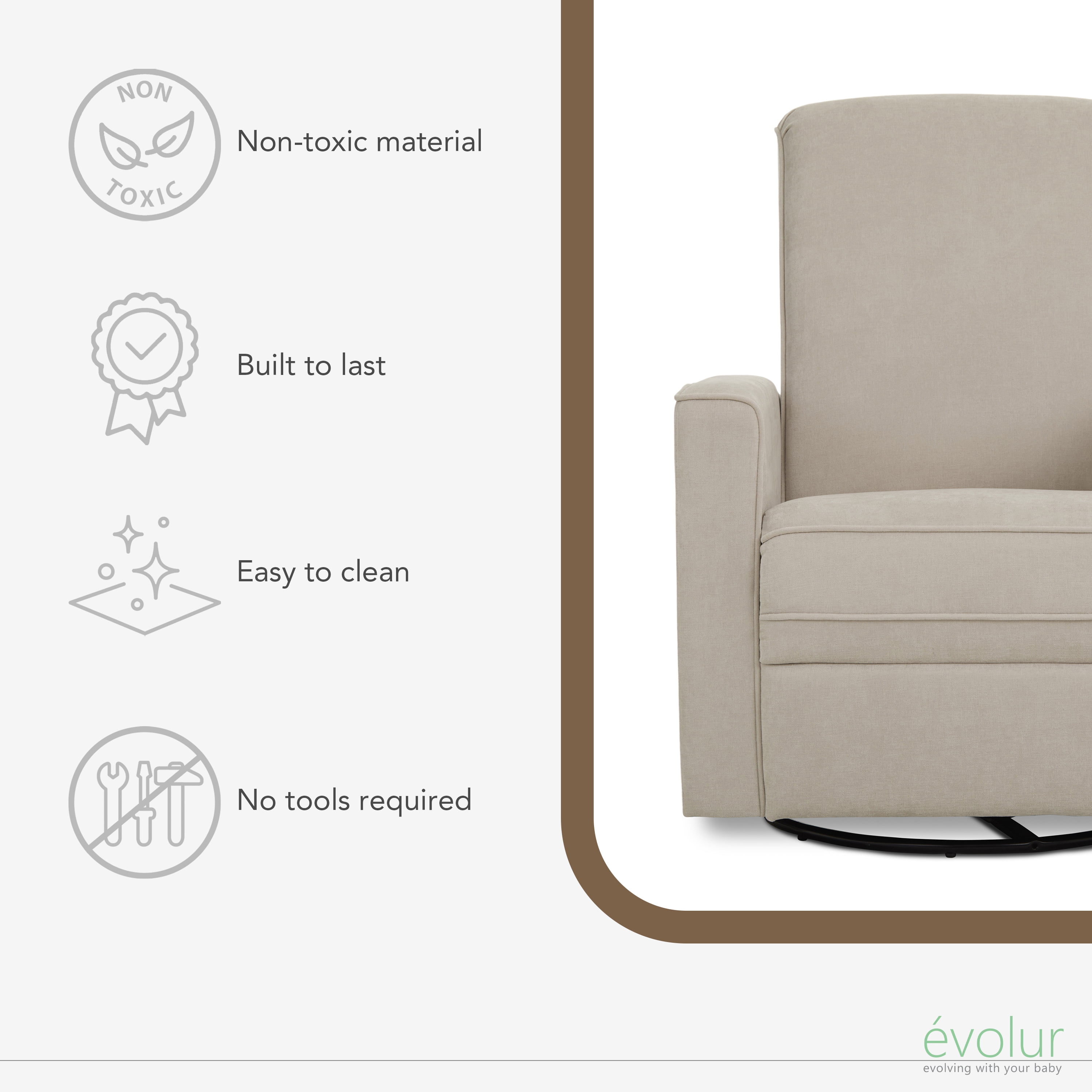Evolur Raleigh Nursery Glider Recliner and Rocking Chair in Tan, 360° Swivel Motion, Multiple Recline Positions, Easy to Clean, FSC and Greenguard Gold Certified