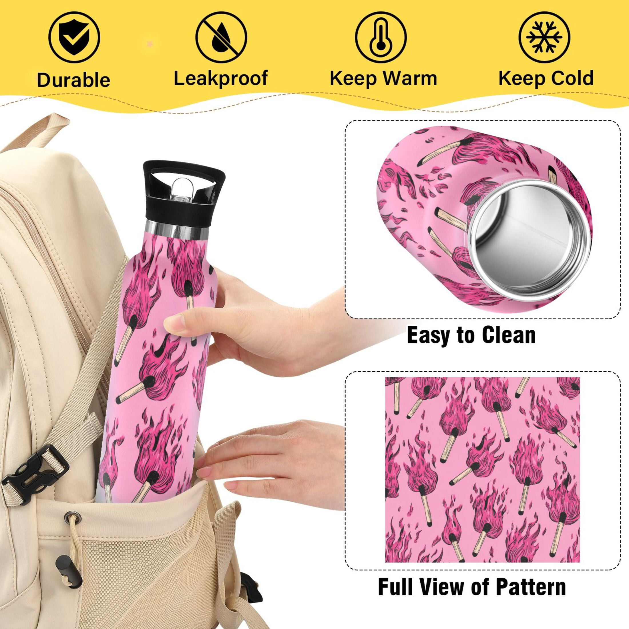 Kids Insulated Stainless Steel Sports Water Bottle 600ml (20oz) Pink Flames Pattern
