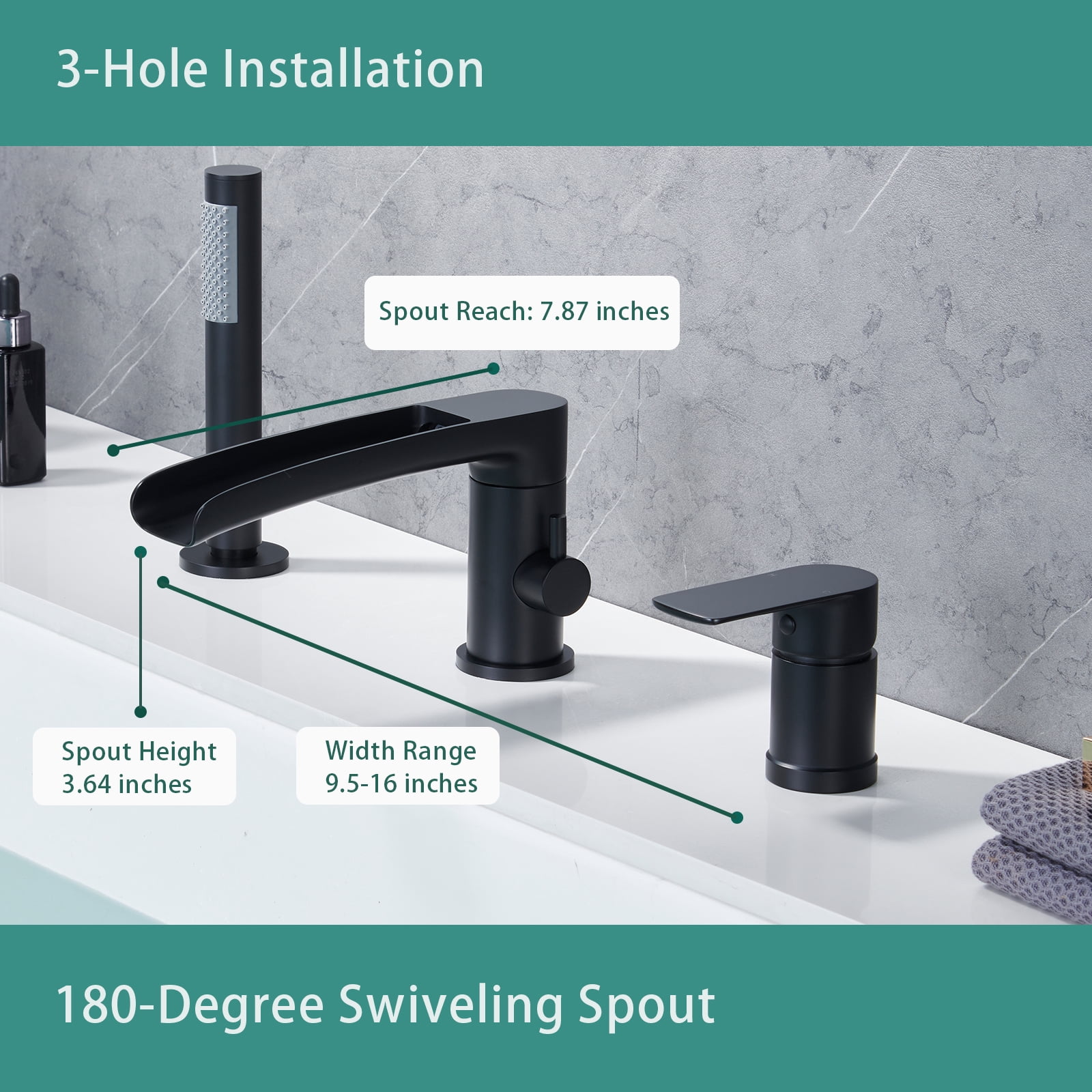 Roman Bathtub Faucet with Sprayer Deck Mount 3-Hole Tub Filler Faucet, Black Waterfall Roman Tub Faucet with Valve Included