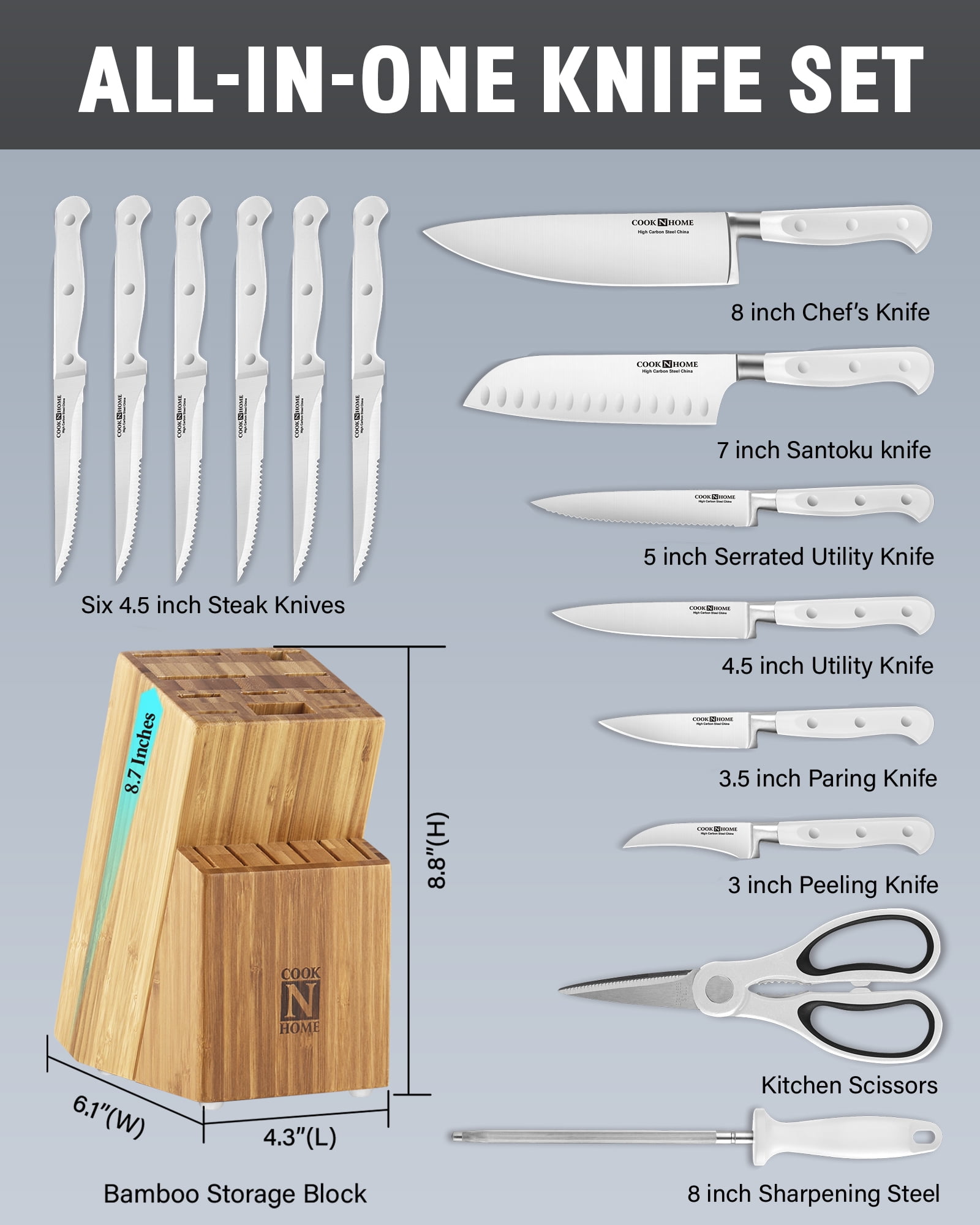 Cook N Home Kitchen Chefs Knife Set with Bamboo Storage Block 15-Piece, High Carbon Stainless Steel Blade, Ergonomic Handle,White