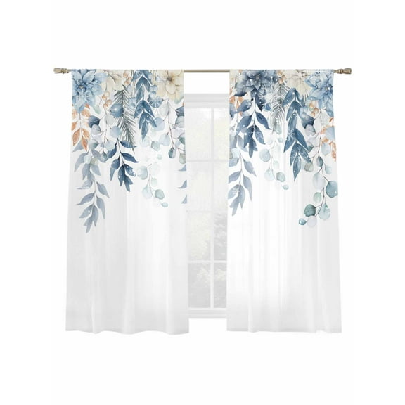 Blue Christmas Sheer Curtains 2 Panels Set, Flower Poinsettia Holly Eucalyptus Window Sheer Curtains for Living Room/Bedroom, Light Filtering Rod Pocket Voile Drapes, 52" W x 72" L