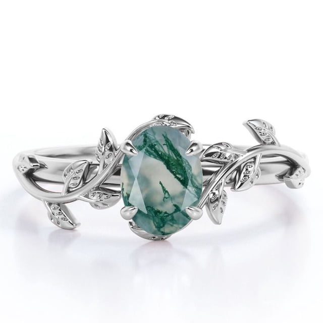 JeenMata Inspirado en la Naturaleza: Ágata Verde Musgo Ovalada 1,3 ct, Anillo de Compromiso con Engaste de 4 Puntas, Baño de Oro Blanco 18 K sobre Plata