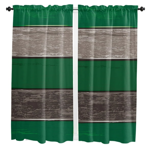 Vintage Farm Faux Wood Grain Forest Green Rod Pocket Short Curtain Half-Curtain For Home Kitchen Door Drape Cafe Small Window