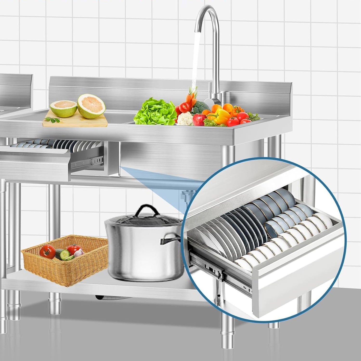 Stainless Steel Utility Sink Commercial Kitchen Sink 40'' Free Standing Tool Sink with Drawer & Cold and Hot Water Pipe for Kitchen Laundry Room Depot Indoor and Outdoor