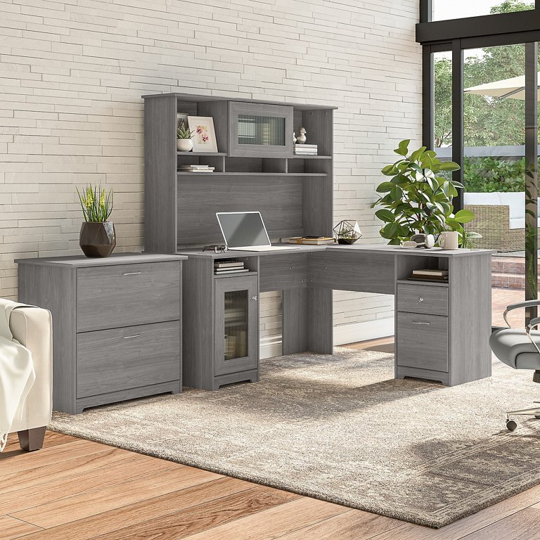 Modern L shape desk with hutch and file storage