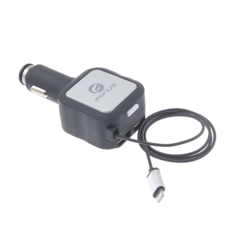 Car Charger Retractable for iPhone SE (2020)/SE (2022) - 4.8Amp 2-Port USB Fast Charge DC Power Adapter