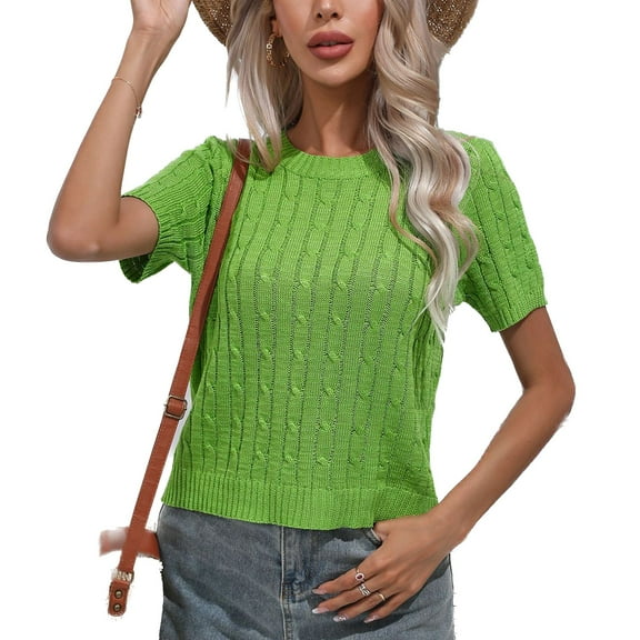 SWSMCLT Women's Soft Pullover Sweater Short Sleeve Casual Elegant Knitwear Top Summer Holiday Crewneck Knitted Cozy Green Large