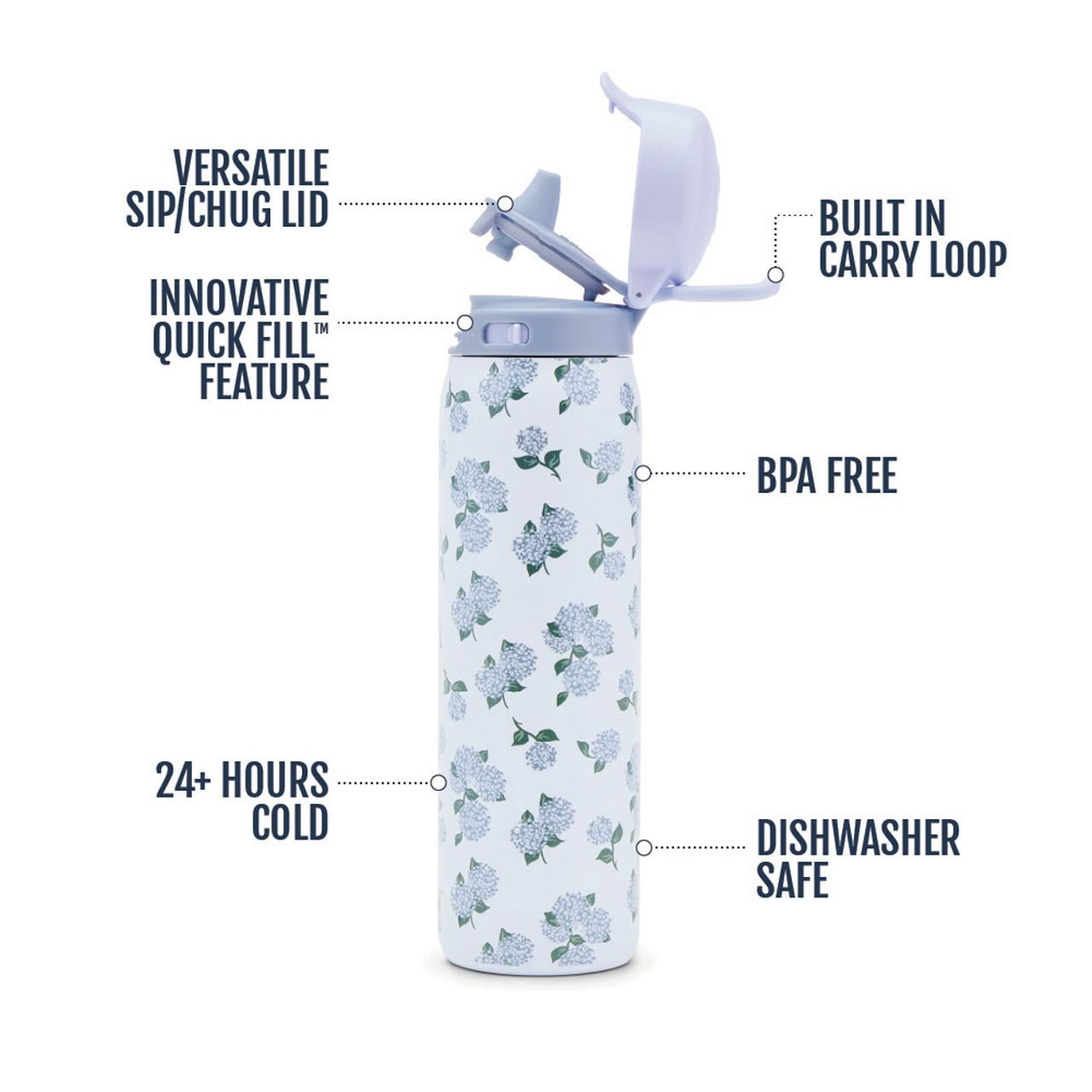 Ello Flip & Fill 22oz Stainless Steel Water Bottle with Quick Fill Tecnology, Sip & Chug, Leak-Proof, Hydrangea Bloom