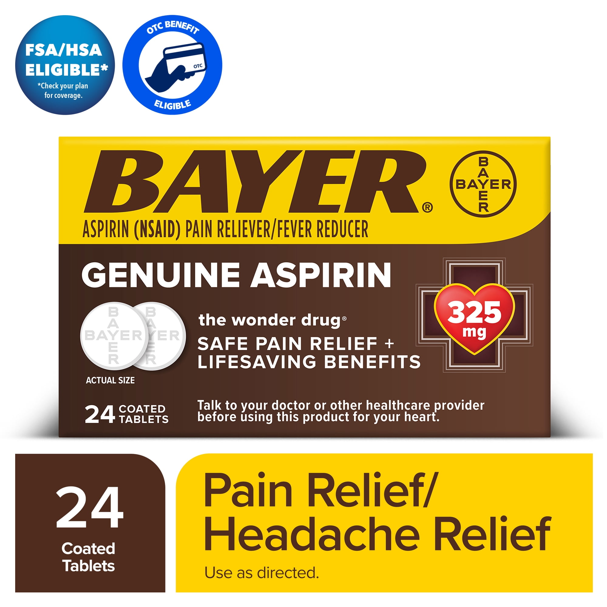 Bayer Genuine Aspirin 325 mg Coated Tablets for Multi-symptom Pain Relief and Headache Relief, 24 Count