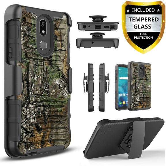 LG K40 Phone Case, LG Xpression Plus 2 Case, LG Harmony 3 Case, LG Solo LTE Case, LG K12 Plus Case, with [Tempered Glass Screen Protector] 2-Piece Style Hybrid Shockproof Hard Case Cover -Camo
