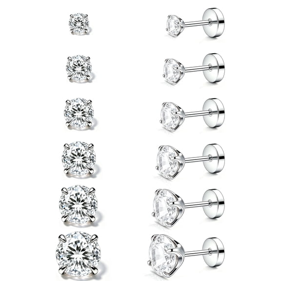 6 Pairs 20G Hypoallergenic Flat Back Earrings 316L Stainless Steel Silver Studs with Cubic Zirconia Birthstone Cartilage Earrings for Sensitive Ears Women Men