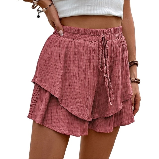 Pantalones cortos fluidos for mujer, falda pantalón estilo bohemio con volantes y mariposas, cintura alta, tela texturizada, doble capa, Color sólido, informal