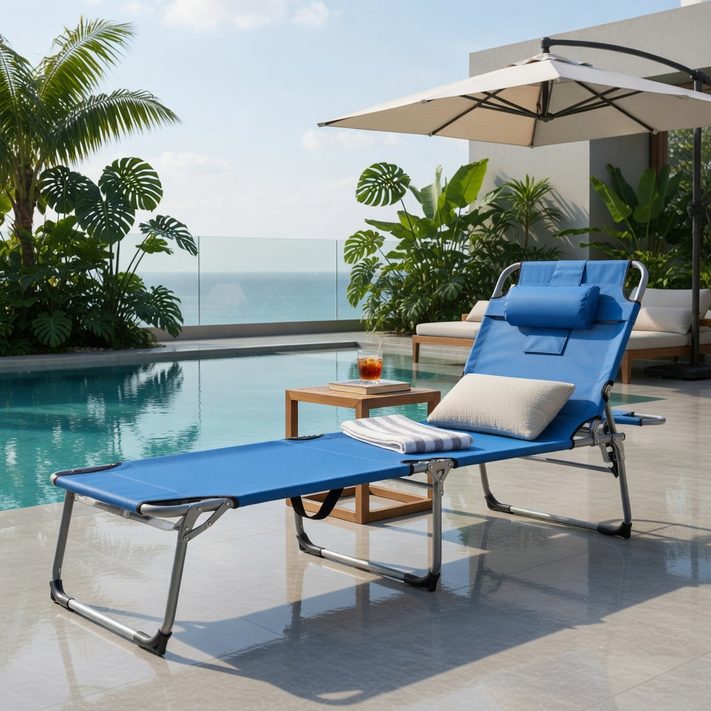 Hommoo Folding Chaise Lounge Chair with Face Hole, Adjustable Beach Lounger for Sunbathing, Camping, Fishing & Outdoor Napping, Blue