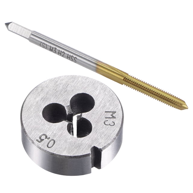 Unique Bargains M3 x 0.5 Titanium Plated Straight Flute Thread Tap Round Die Tap and Die Set