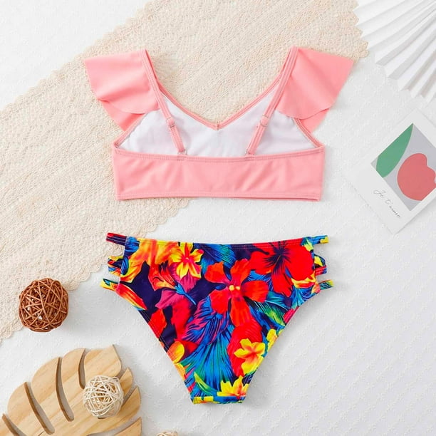 AYBUY 3 Pièces Bikini Fille Maillot De Bain Hawaien Fleuri - Ensemble Enfant Avec Volants, Tissu Souple Séchage Rapide Pour Plage Et Natation